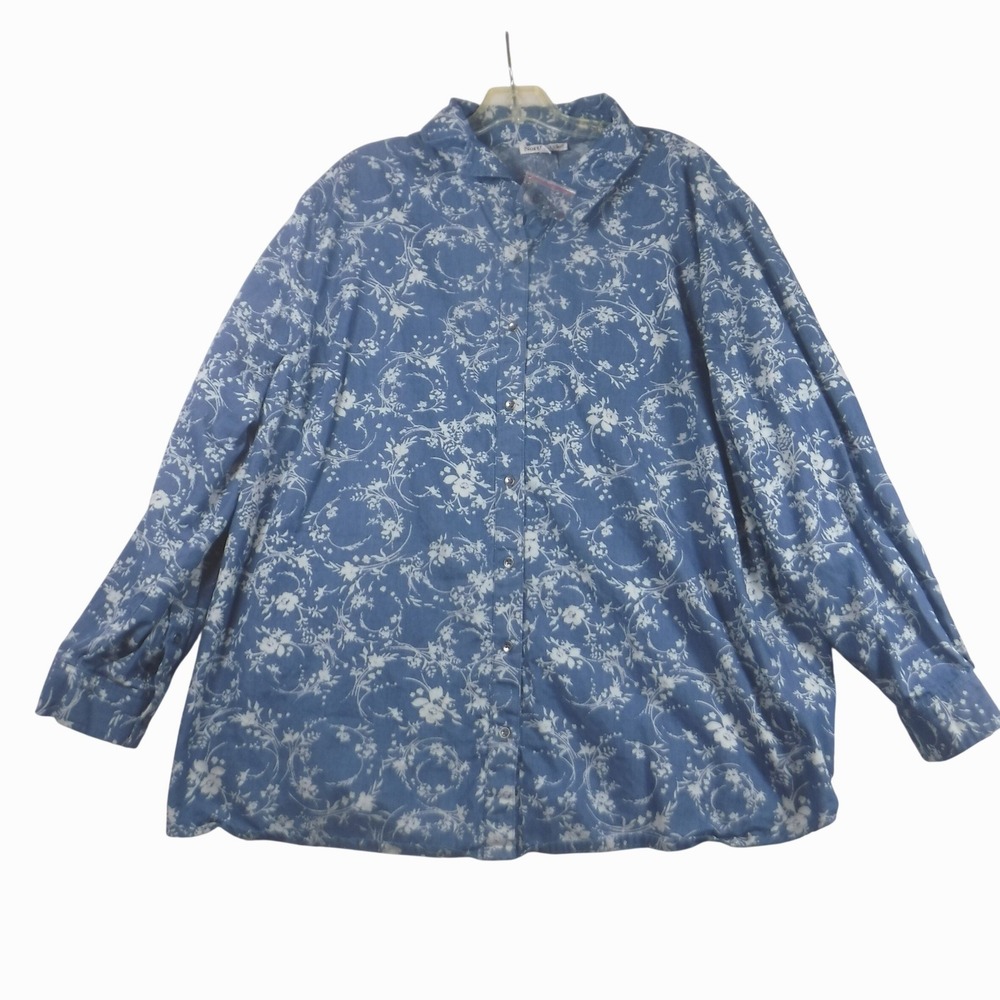 NorthStyle Women 2X Blue Floral Cotton Button Down Long Sleeve Shirt Cottagecore